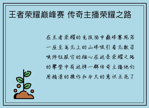 王者荣耀巅峰赛 传奇主播荣耀之路