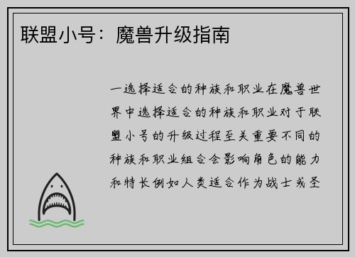 联盟小号：魔兽升级指南